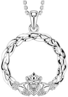 Diamond Silver Celtic Claddagh Necklace