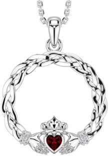 Diamond Garnet Silver Celtic Claddagh Necklace