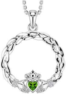 Diamond Peridot Silver Celtic Claddagh Necklace