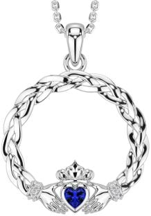 Diamond Sapphire Silver Celtic Claddagh Necklace