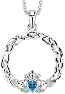 Diamond Topaz Silver Celtic Claddagh Necklace