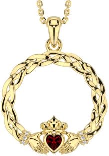 Diamond Garnet Gold Celtic Claddagh Necklace