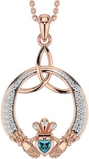 Diamond Aquamarine Rose Gold Silver Claddagh Celtic Trinity Knot Necklace