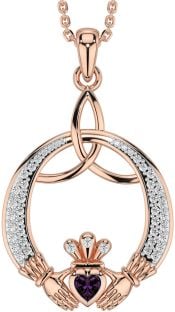 Diamond Alexandrite Rose Gold Silver Claddagh Celtic Trinity Knot Necklace