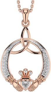 Diamond Rose Gold Silver Claddagh Celtic Trinity Knot Necklace