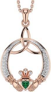 Diamond Emerald Rose Gold Silver Claddagh Celtic Trinity Knot Necklace