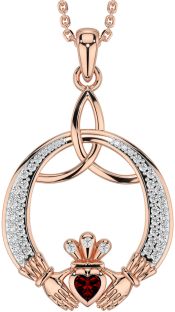 Diamond Garnet Rose Gold Silver Claddagh Celtic Trinity Knot Necklace