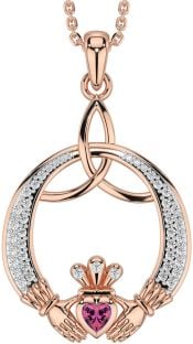 Diamond Pink Tourmaline Rose Gold Silver Claddagh Celtic Trinity Knot Necklace