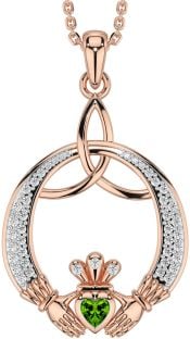 Diamond Peridot Rose Gold Silver Claddagh Celtic Trinity Knot Necklace