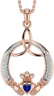 Diamond Sapphire Rose Gold Silver Claddagh Celtic Trinity Knot Necklace