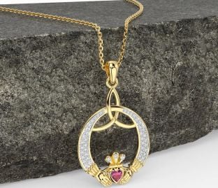 Diamond Pink Tourmaline Gold Silver Claddagh Celtic Trinity Knot Necklace