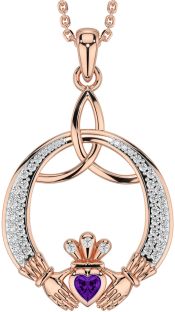 Diamond Amethyst Rose Gold Claddagh Celtic Trinity Knot Necklace