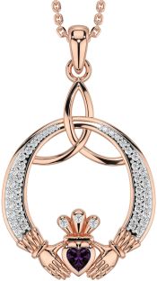 Diamond Alexandrite Rose Gold Claddagh Celtic Trinity Knot Necklace