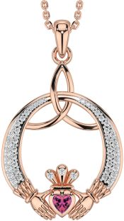 Diamond Pink Tourmaline Rose Gold Claddagh Celtic Trinity Knot Necklace