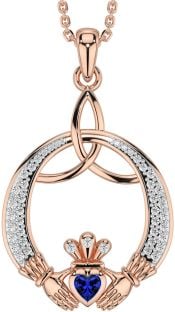 Diamond Sapphire Rose Gold Claddagh Celtic Trinity Knot Necklace