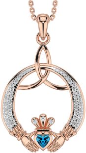 Diamond Topaz Rose Gold Claddagh Celtic Trinity Knot Necklace