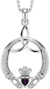 Diamond Alexandrite Silver Claddagh Celtic Trinity Knot Necklace