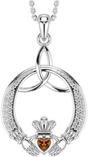 Diamond Citrine Silver Claddagh Celtic Trinity Knot Necklace