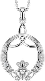 Diamond Silver Claddagh Celtic Trinity Knot Necklace