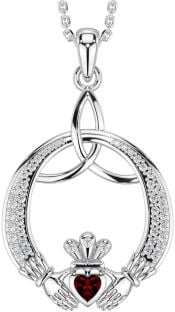 Diamond Garnet Silver Claddagh Celtic Trinity Knot Necklace