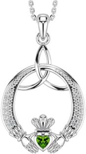 Diamond Peridot Silver Claddagh Celtic Trinity Knot Necklace