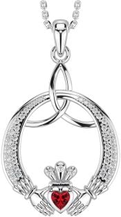 Diamond Ruby Silver Claddagh Celtic Trinity Knot Necklace