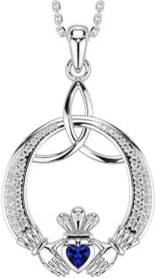 Diamond Sapphire Silver Claddagh Celtic Trinity Knot Necklace