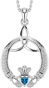 Diamond Topaz Silver Claddagh Celtic Trinity Knot Necklace