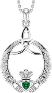 Diamond Emerald White Gold Claddagh Celtic Trinity Knot Necklace