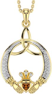 Diamond Citrine Gold Claddagh Celtic Trinity Knot Necklace