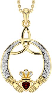 Diamant Granat Guld Claddagh Keltiskt Treenighet Knut Halsband