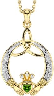 Diamond Peridot Gold Claddagh Celtic Trinity Knot Necklace