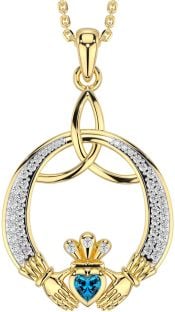 Diamond Topaz Gold Claddagh Celtic Trinity Knot Necklace