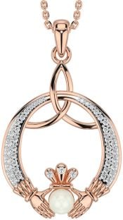 Diamond Rose Gold Silver Claddagh Celtic Trinity Knot Necklace