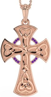 Large Amethyst Rose Gold Silver Celtic Cross Heart Necklace