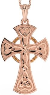 Large Citrine Rose Gold Silver Celtic Cross Heart Necklace