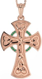 Large Emerald Rose Gold Silver Celtic Cross Heart Necklace