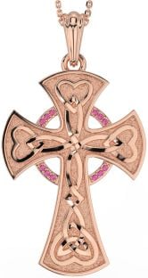 Large Pink Tourmaline Rose Gold Silver Celtic Cross Heart Necklace