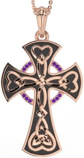 Large Amethyst Rose Gold Silver Black Rhodium Celtic Cross Heart Necklace