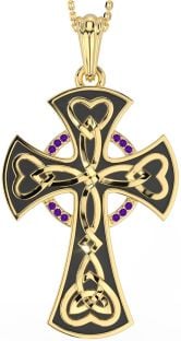 Large Amethyst Gold Silver Black Rhodium Celtic Cross Heart Necklace