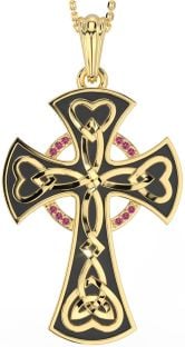 Large Pink Tourmaline Gold Silver Black Rhodium Celtic Cross Heart Necklace