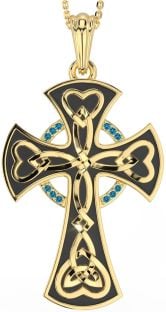 Large Topaz Gold Silver Black Rhodium Celtic Cross Heart Necklace