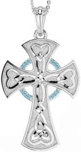 Large Aquamarine Silver Celtic Cross Heart Necklace