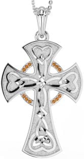 Large Citrine Silver Celtic Cross Heart Necklace