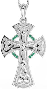 Large Emerald Silver Celtic Cross Heart Necklace