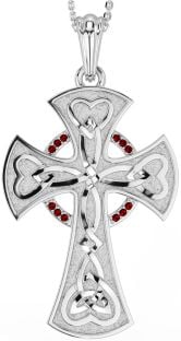 Large Garnet Silver Celtic Cross Heart Necklace