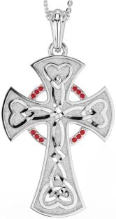 Large Ruby Silver Celtic Cross Heart Necklace