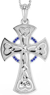 Large Sapphire Silver Celtic Cross Heart Necklace