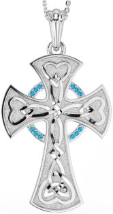 Large Topaz Silver Celtic Cross Heart Necklace