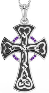 Large Amethyst Silver Black Rhodium Celtic Cross Heart Necklace